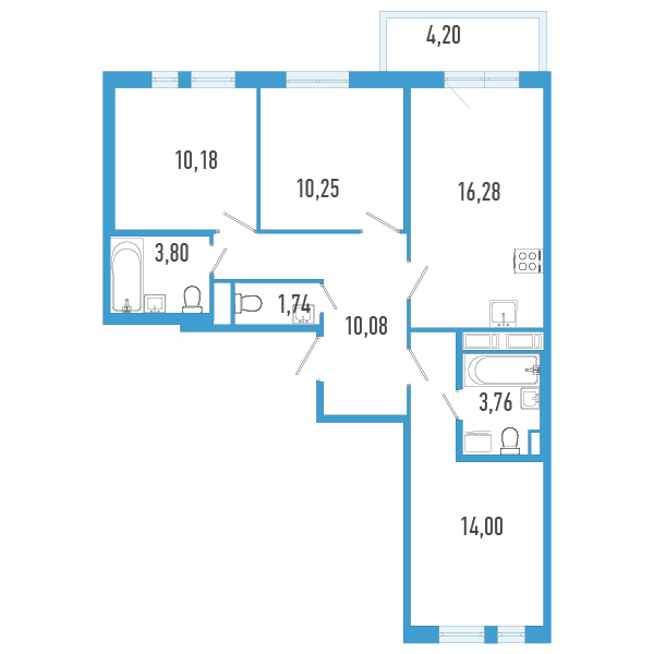 4 ккв (Евро) 71,4 м²