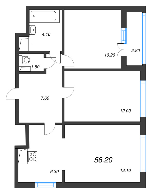 3 ккв (Евро) 56,5 м²