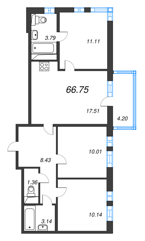 4 ккв (Евро) 66,8 м²