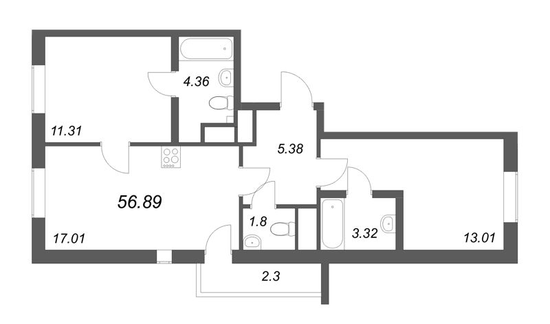 3 ккв (Евро) 56,9 м²