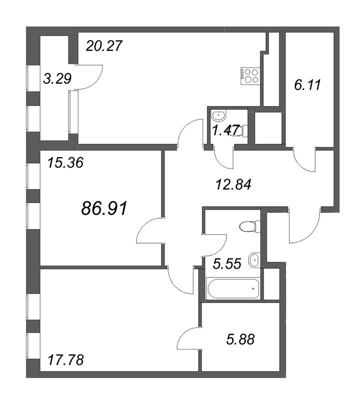 3 ккв (Евро) 86,9 м²