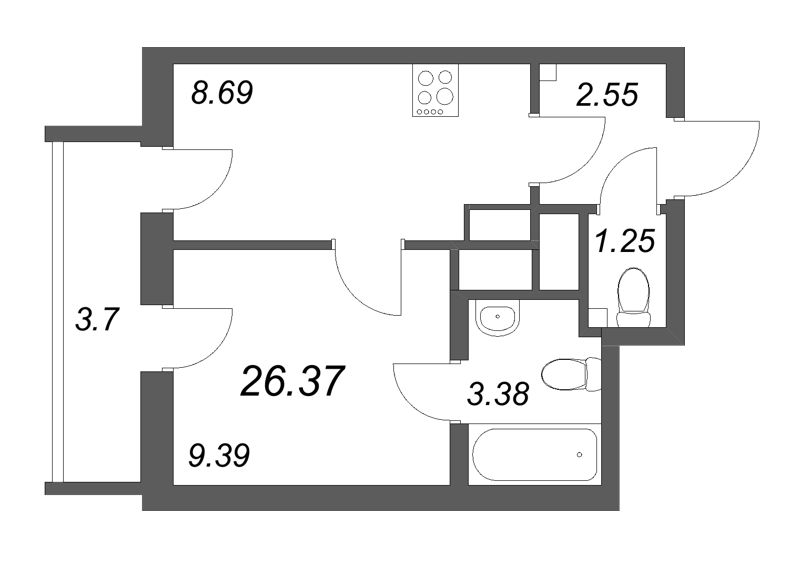 1 ккв 26,4 м²