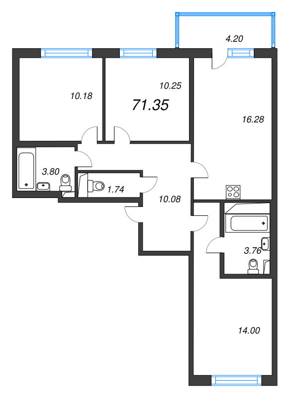 4 ккв (Евро) 71,4 м²
