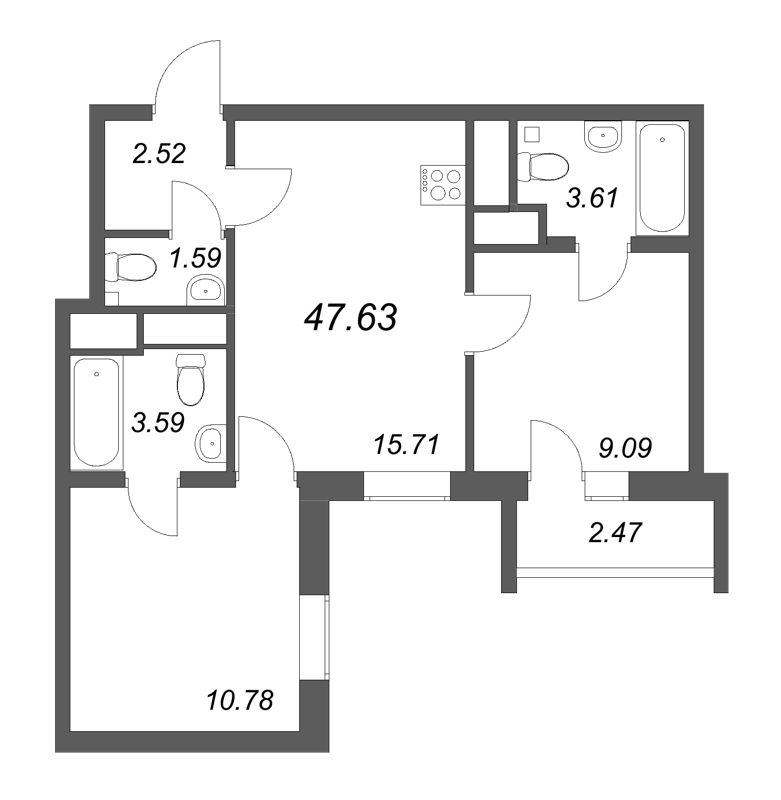 3 ккв (Евро) 47,6 м²