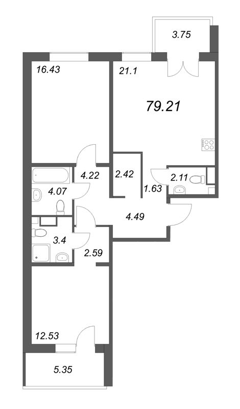 3 ккв (Евро) 78,1 м²