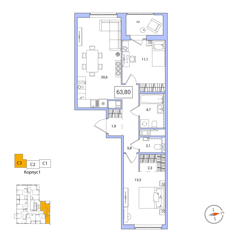 3 ккв (Евро) 63,8 м²