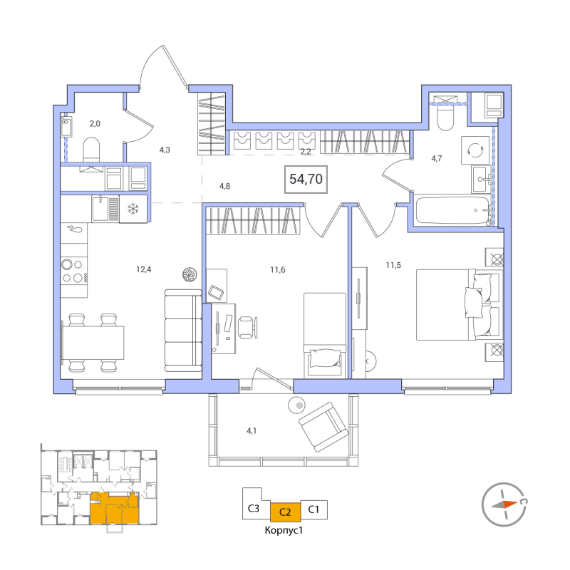 2 ккв 54,7 м²