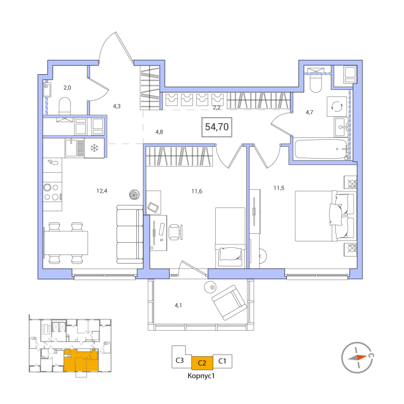 2 ккв 54,7 м²