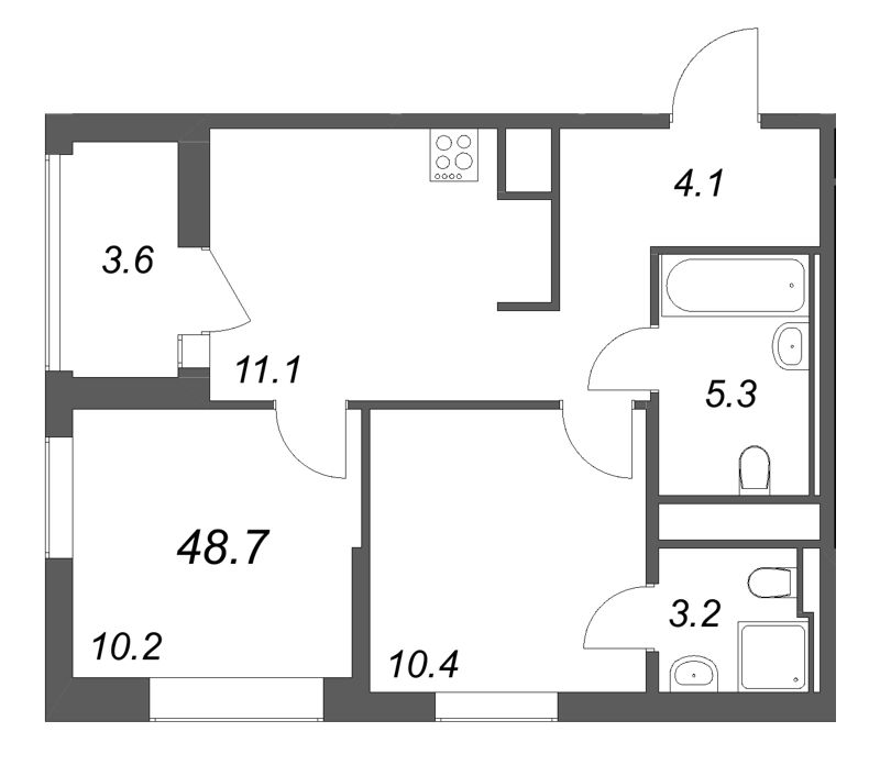 2 ккв 48,7 м²