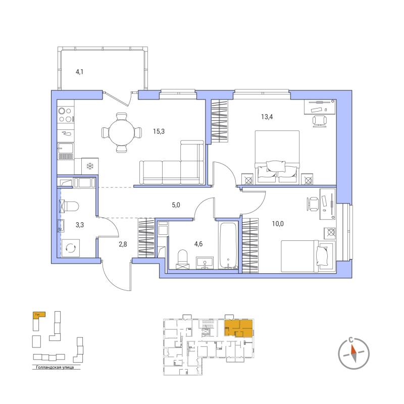 3 ккв (Евро) 55,6 м²