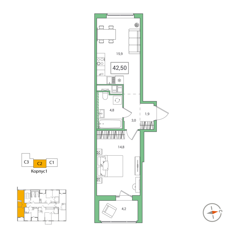 2 ккв (Евро) 42,5 м²