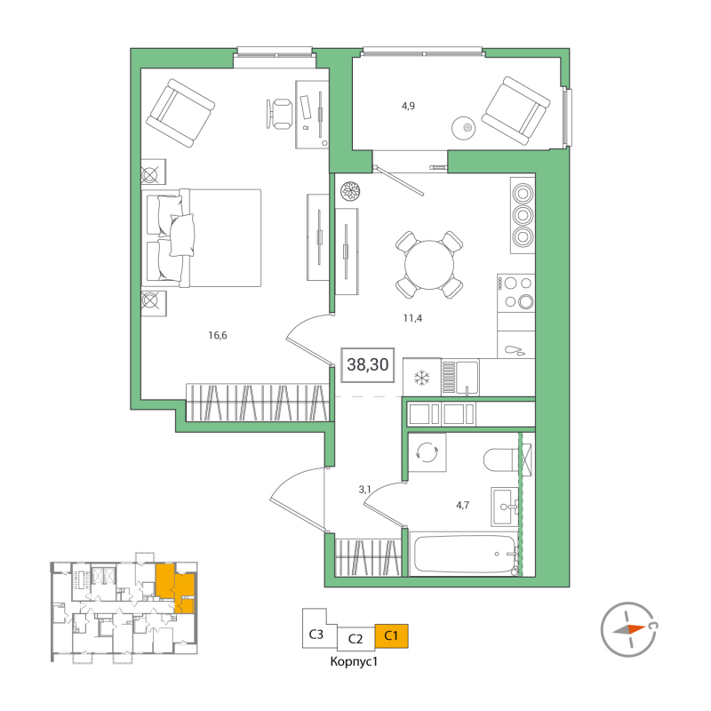 1 ккв 38,3 м²