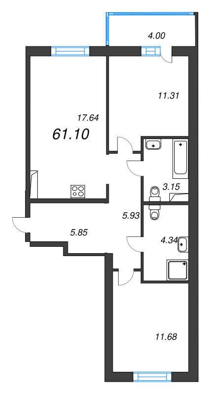 3 ккв (Евро) 61,1 м²