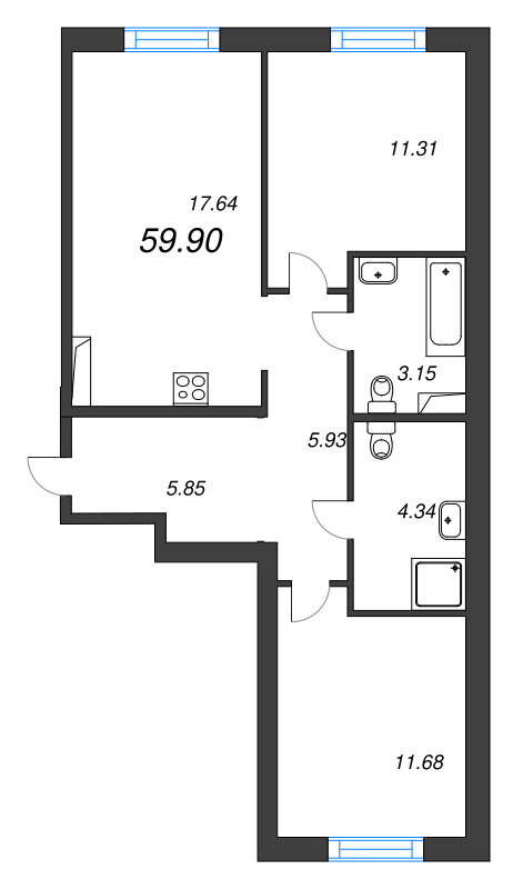 3 ккв (Евро) 59,9 м²