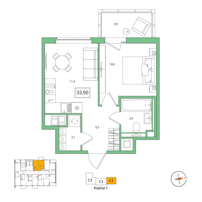 1 ккв 33,9 м²