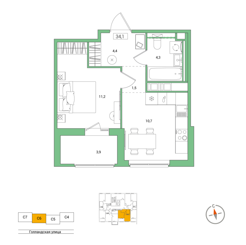 1 ккв 34,1 м²