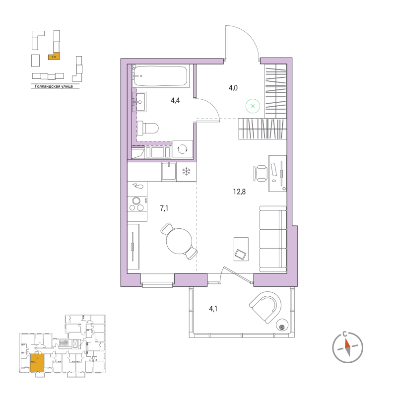 Студия 29,5 м²