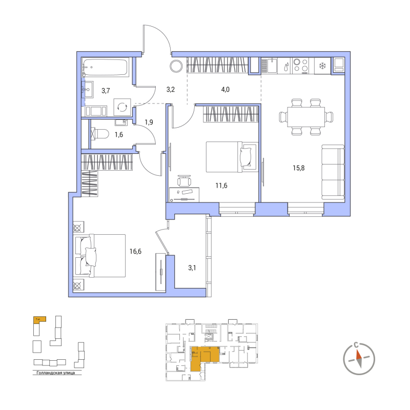 3 ккв (Евро) 60 м²