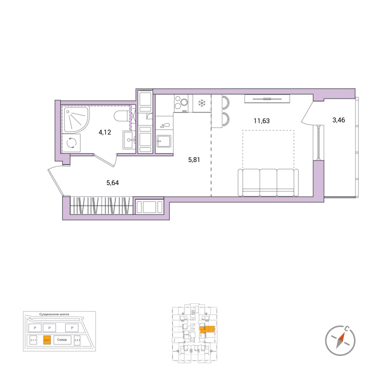 Студия 28,9 м²