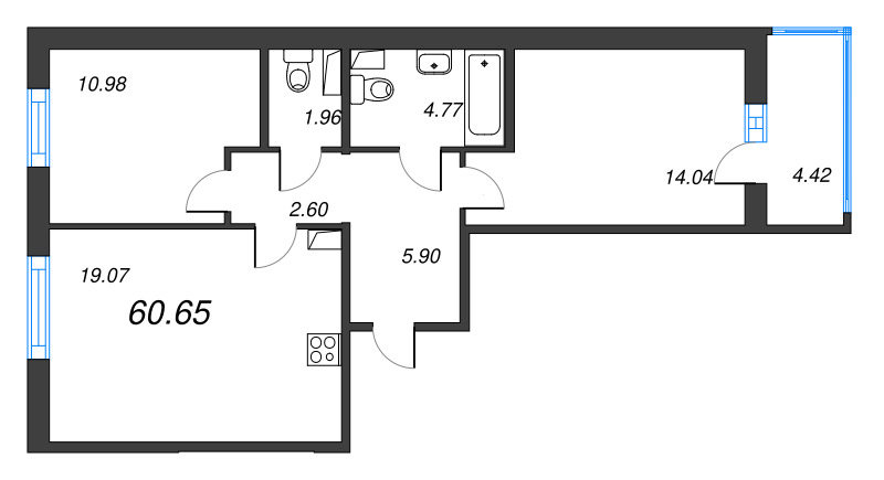 3 ккв (Евро) 60,7 м²