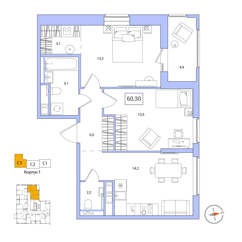 2 ккв 60,3 м²