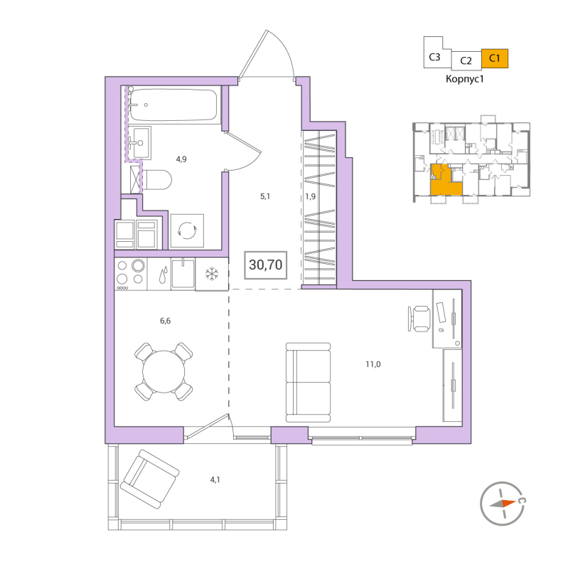 Студия 30,7 м²