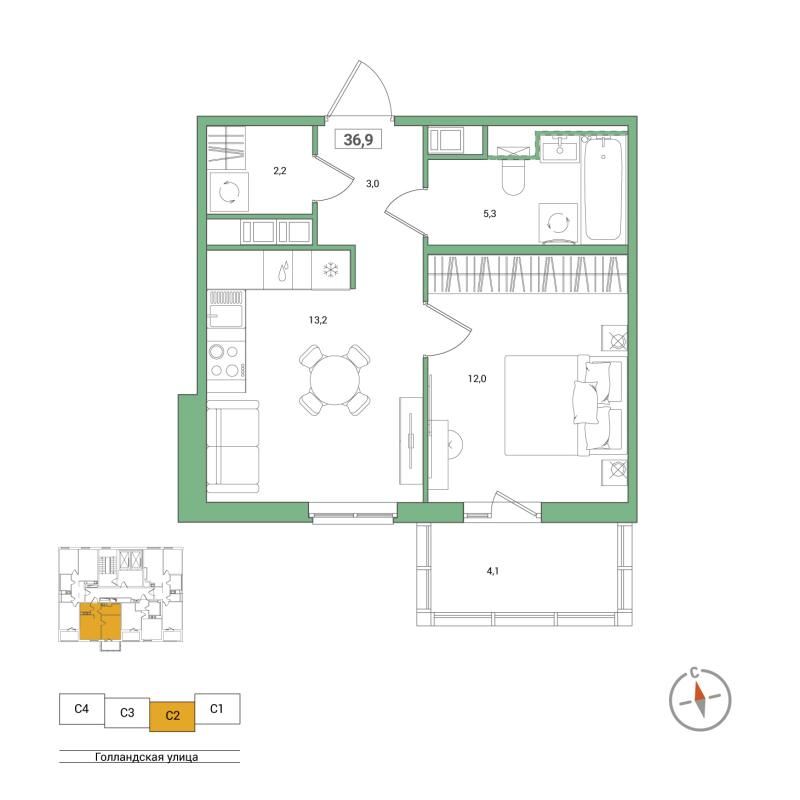 1 ккв 36,9 м²
