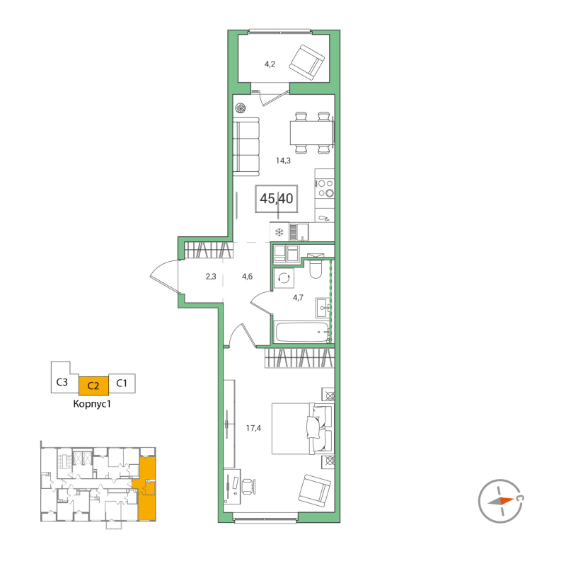 1 ккв 45,4 м²