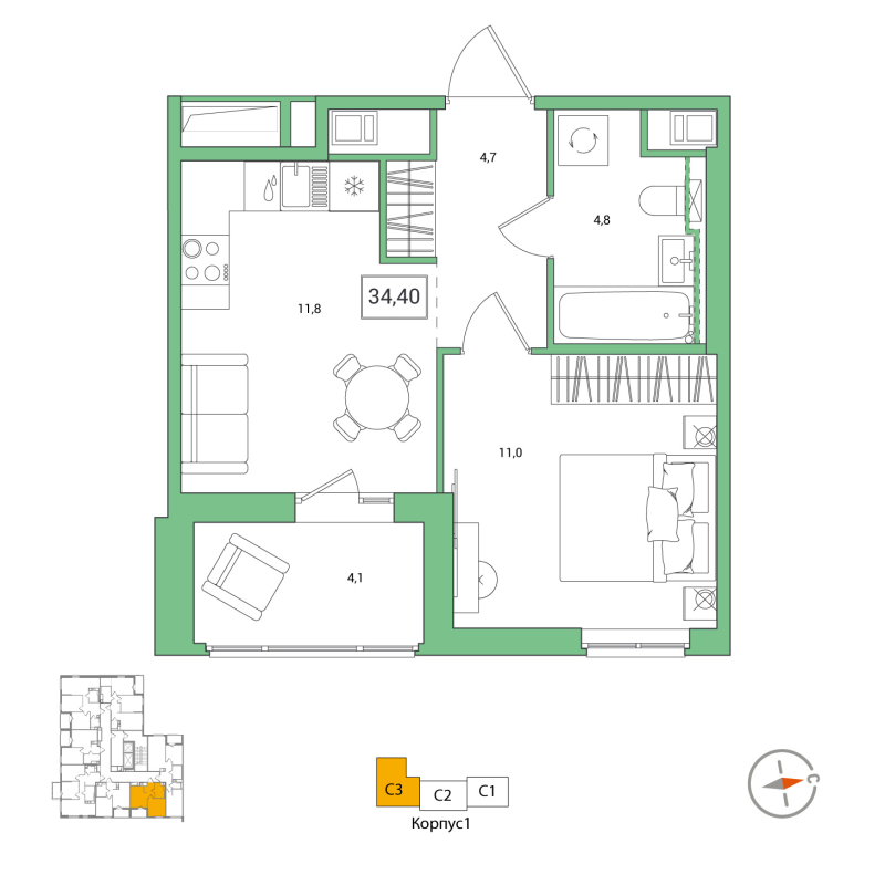 1 ккв 34,4 м²