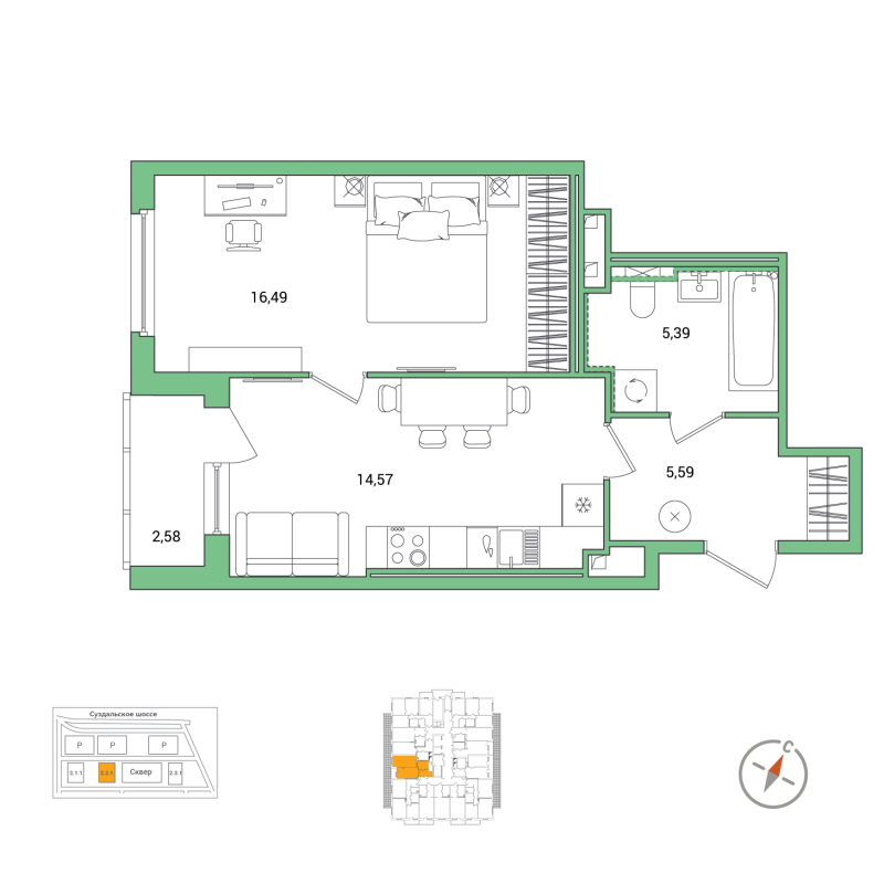 1 ккв 43,3 м²
