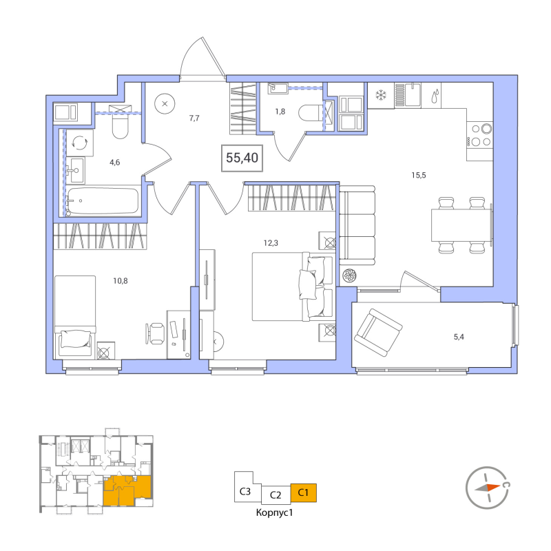 3 ккв (Евро) 55,4 м²
