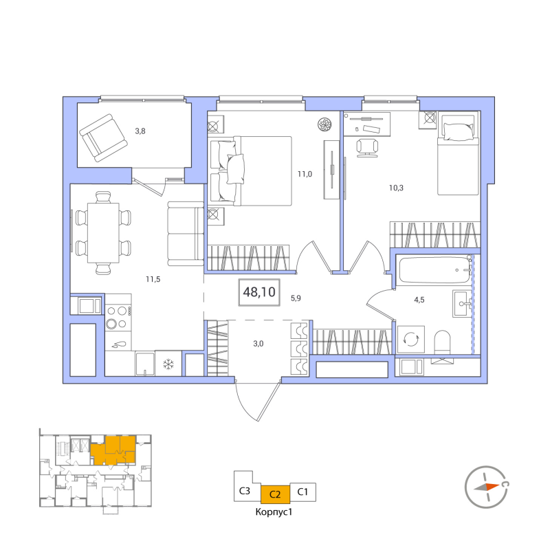 2 ккв 48,1 м²