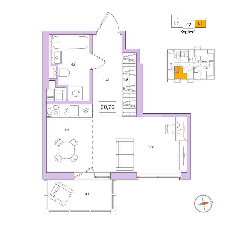 Студия 30,7 м²