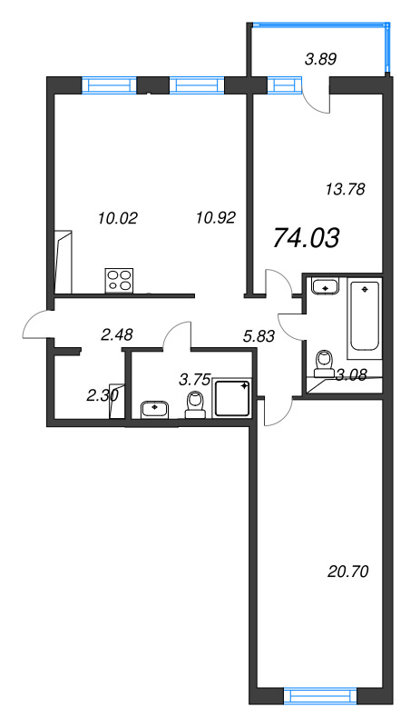 3 ккв (Евро) 74 м²