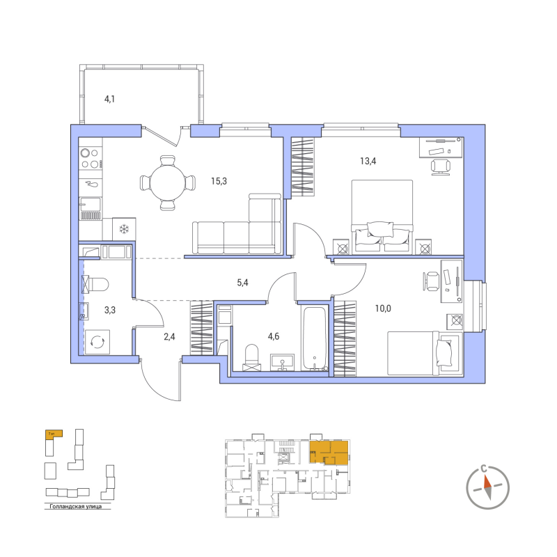 3 ккв (Евро) 55,6 м²