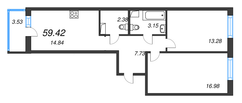 2 ккв 59,4 м²