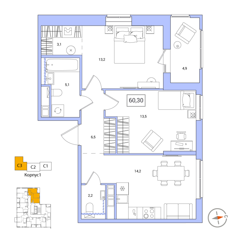 2 ккв 60,3 м²