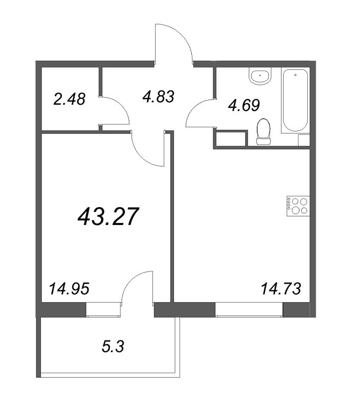 1 ккв 42,9 м²