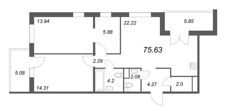 4 ккв (Евро) 75,9 м²