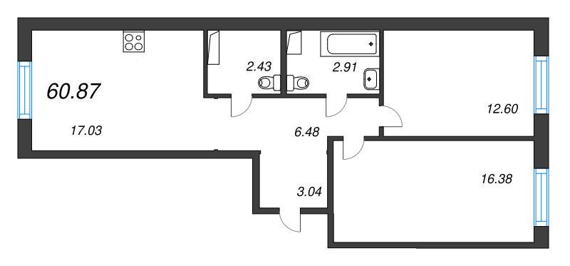 3 ккв (Евро) 60,9 м²