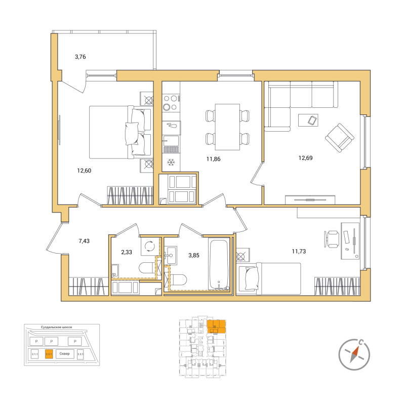 3 ккв 64,4 м²