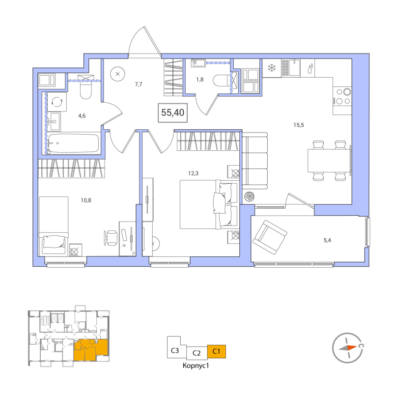 3 ккв (Евро) 55,4 м²