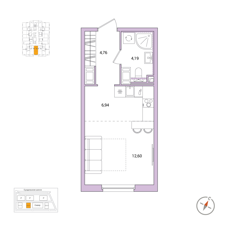 Студия 28,5 м²