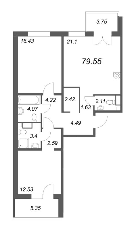 3 ккв (Евро) 78,1 м²