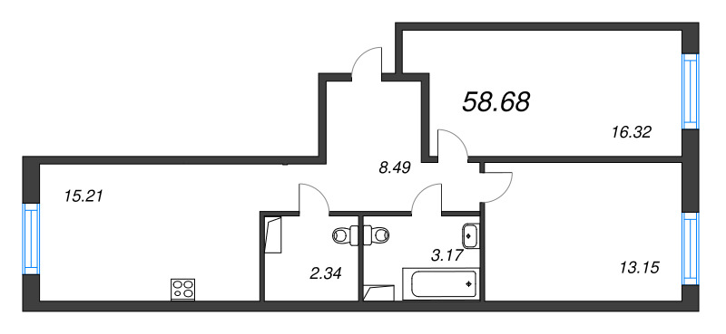 3 ккв (Евро) 58,7 м²