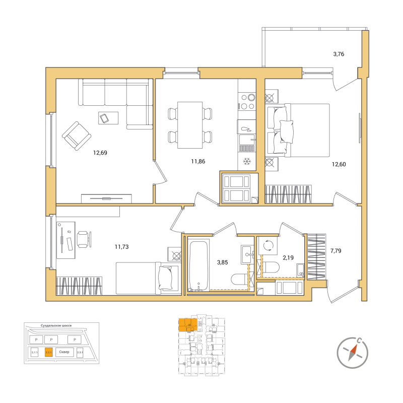 3 ккв 64,6 м²