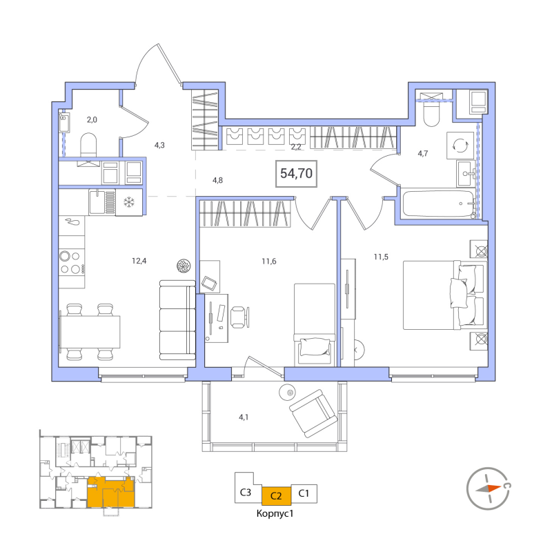 2 ккв 54,7 м²