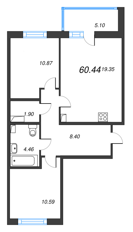 3 ккв (Евро) 60,4 м²