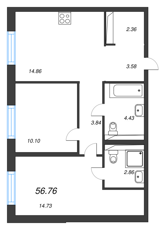 2 ккв 56,8 м²