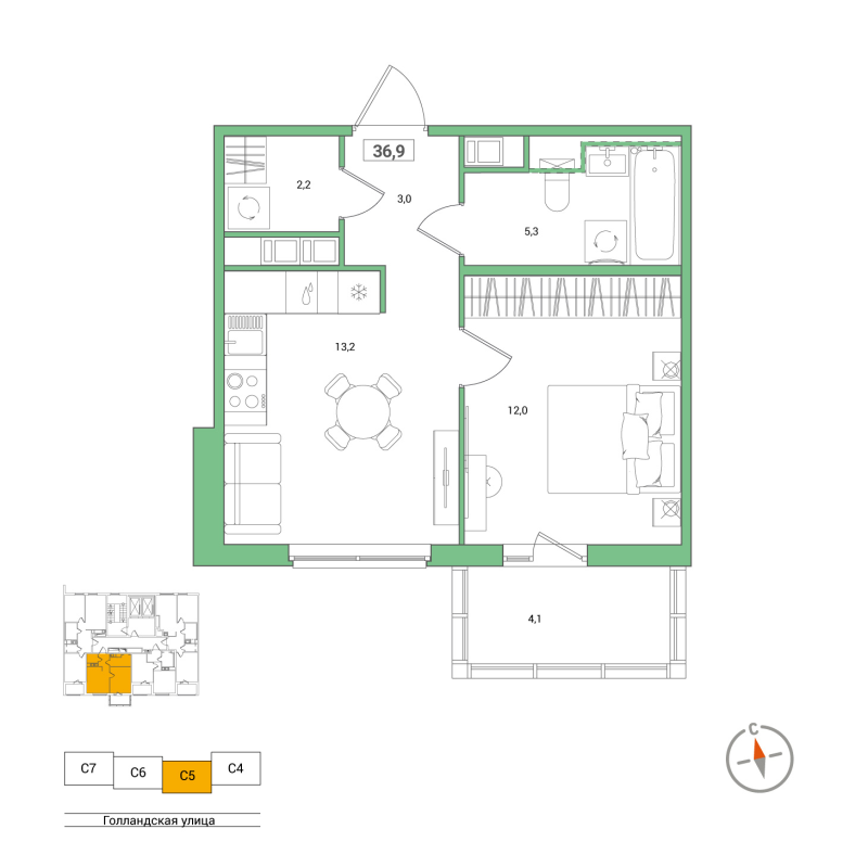 1 ккв 36,9 м²